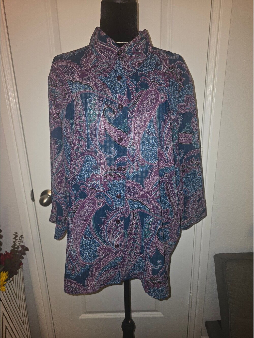 BonWorth Medium Button-Up Blouse with Blue and Purple Paisley Print